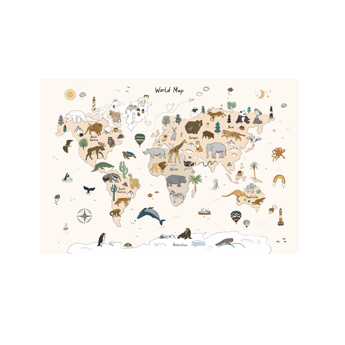 Animal world map wall decal showing animals across each continent