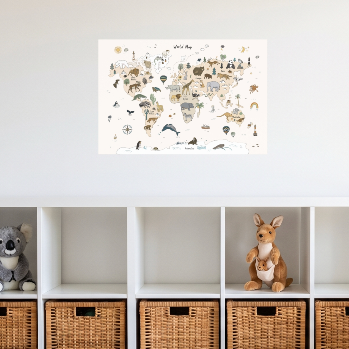 Animal world map wall decal above white storage cubes in a playroom