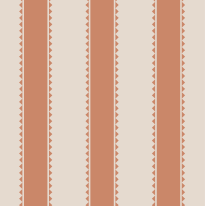A repeating vertical stripe pattern featuring alternating terracotta-brown and beige stripes, bordered by thin white lines with small geometric triangle motifs.
