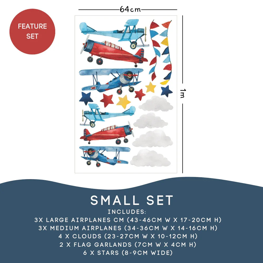 Set of airplane-themed wall stickers with measurements and details on a white background