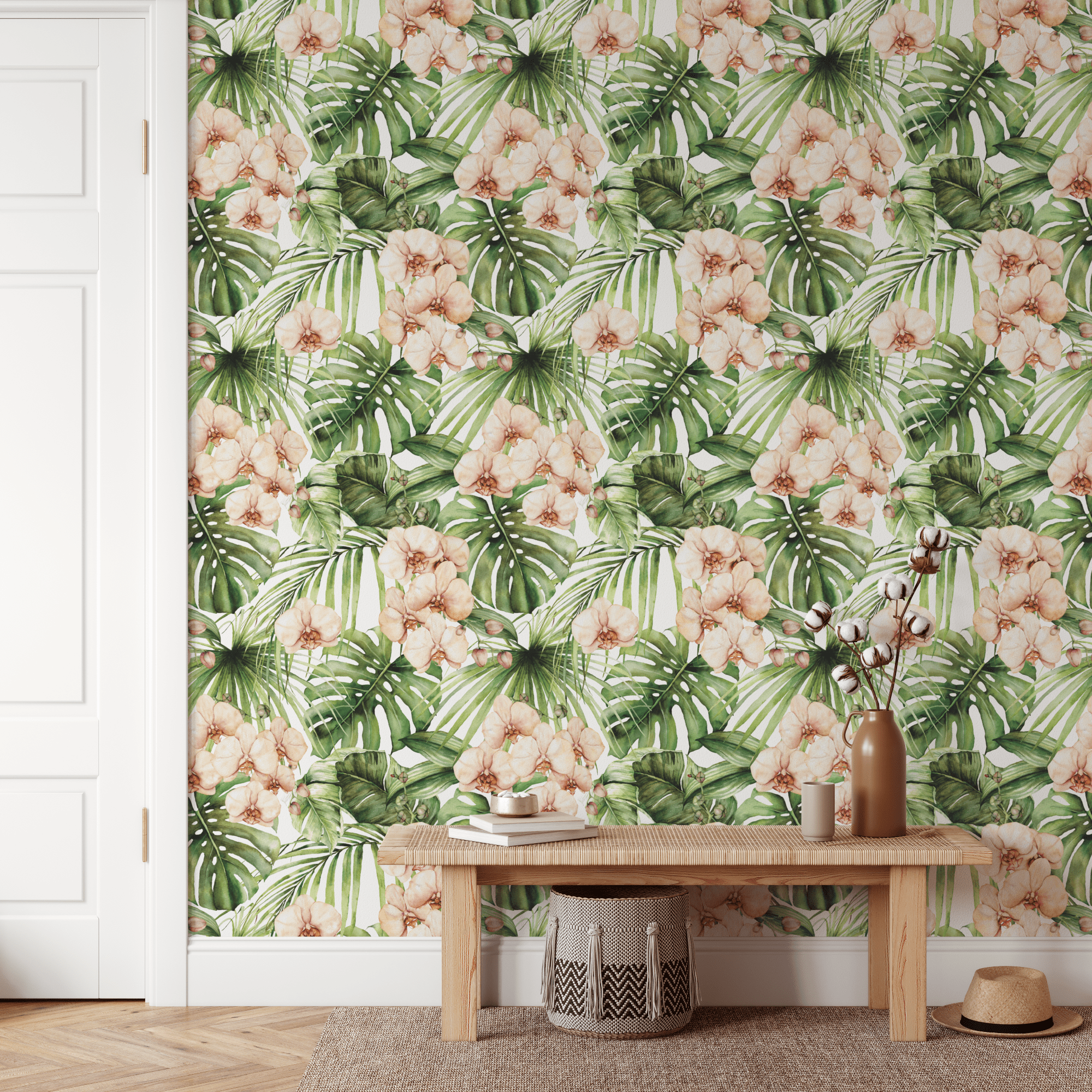 Layla Tropical Palm & Floral Burst Wallpaper
