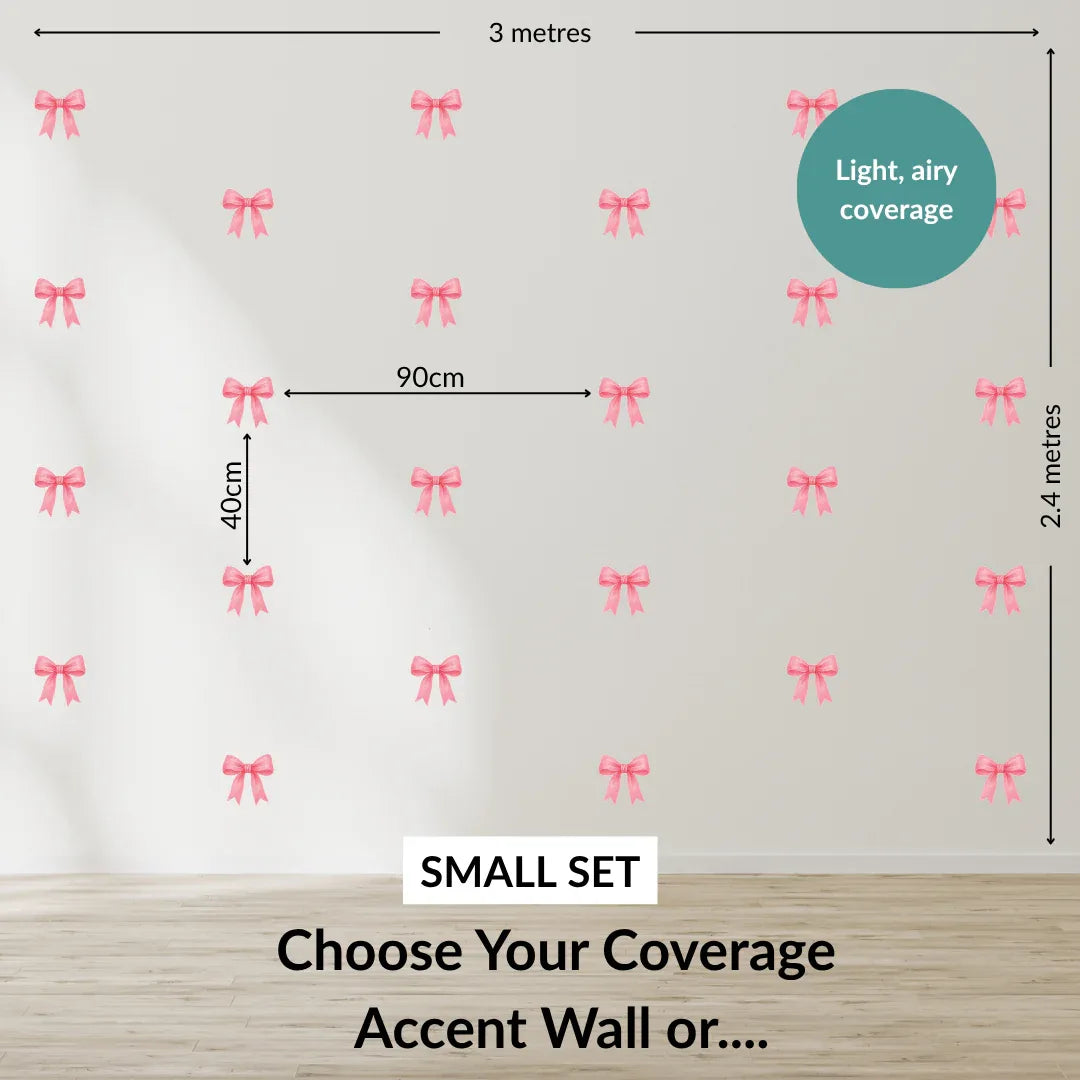 Wall with pink bow decals and measurements for coverage on a light background