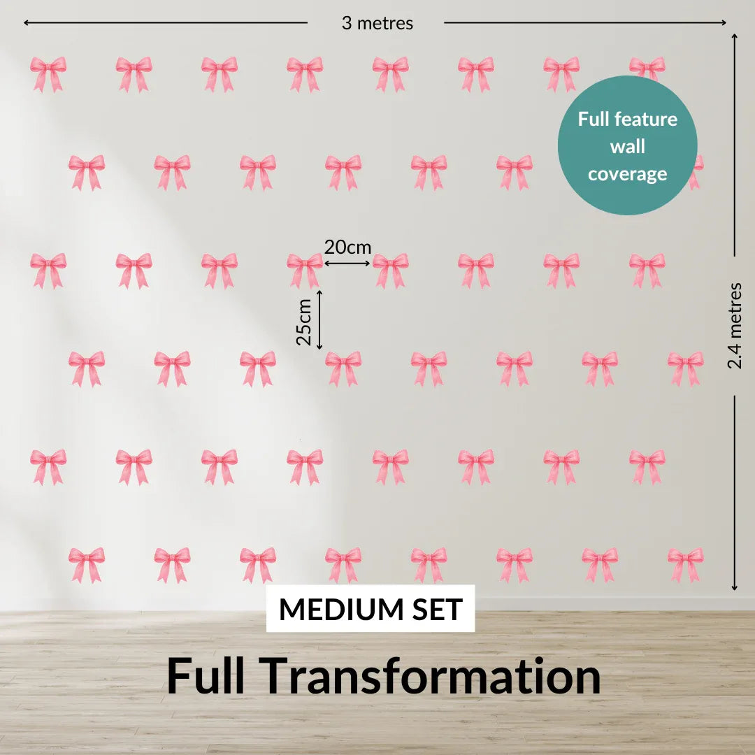 Wallpaper with pink bows covering a wall, showing measurements and product details.
