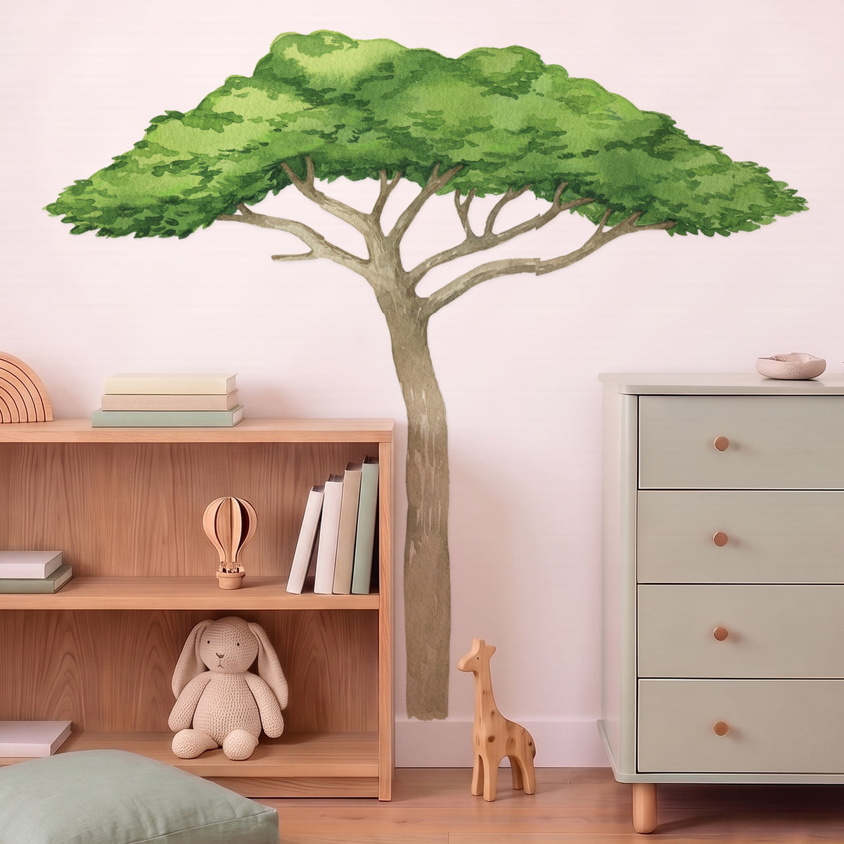 Acacia safari tree wall decal on the skirting in a styled nursery