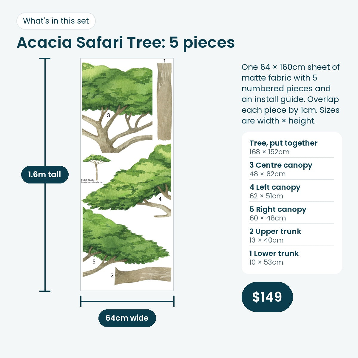 Acacia tree print sheet and piece sizes