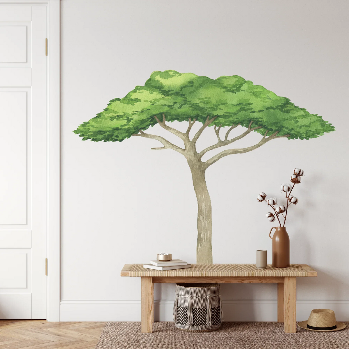 Acacia safari tree wall decal above a timber bench