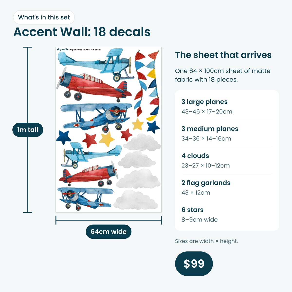 Accent Wall airplane decal set: one 64 x 100cm sheet with 18 pieces, 6 planes, 4 clouds, 2 flag garlands and 6 stars, $99