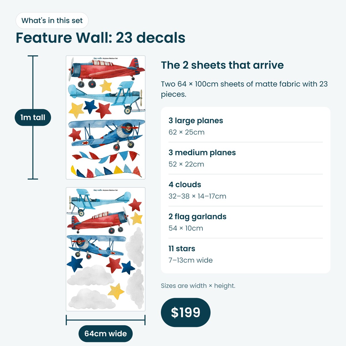 Feature Wall airplane decal set: two 64 x 100cm sheets with 23 pieces, 6 planes, 4 clouds, 2 flag garlands and 11 stars, $199