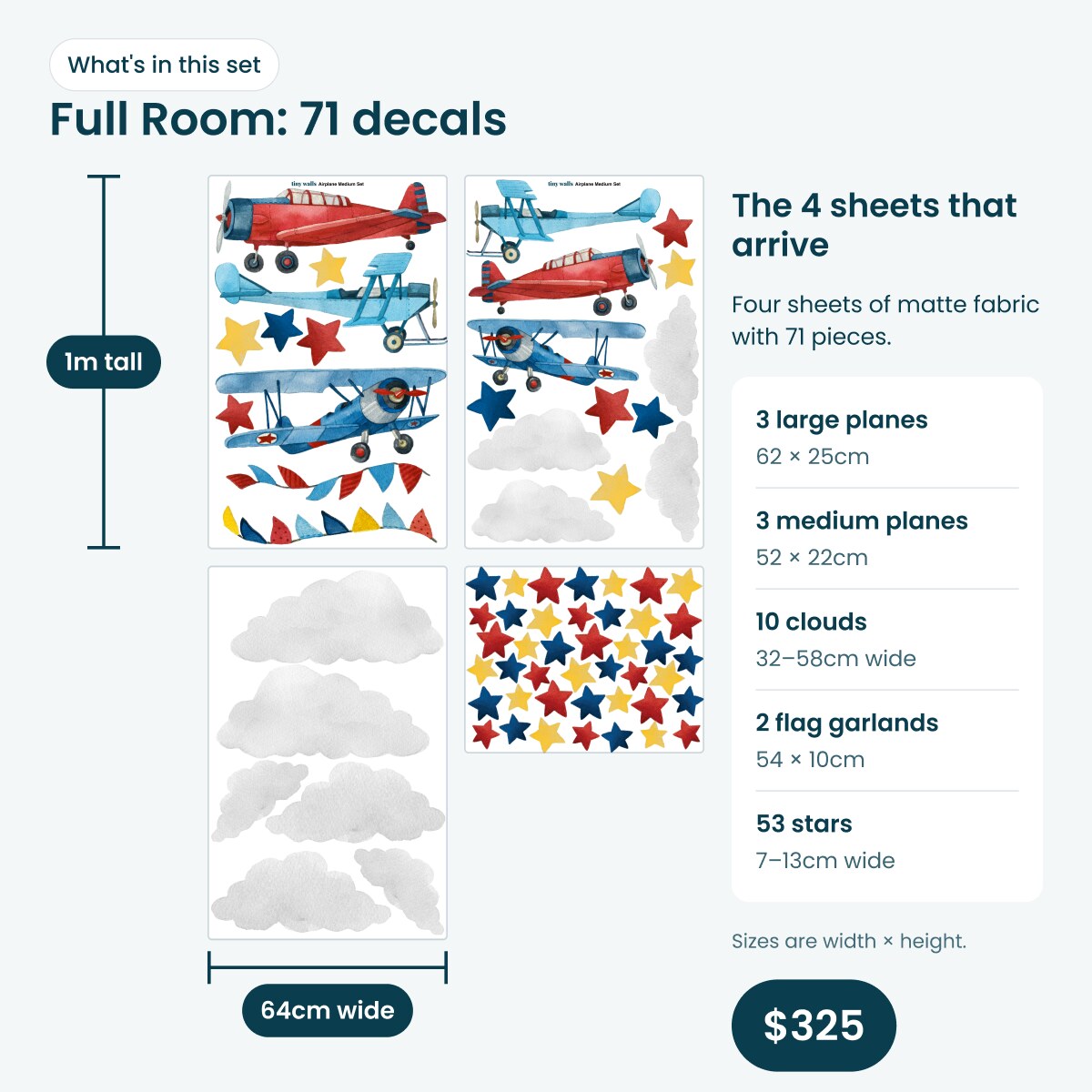 Full Room airplane decal set: four sheets with 71 pieces, 6 planes, 10 clouds, 2 flag garlands and 53 stars, $325
