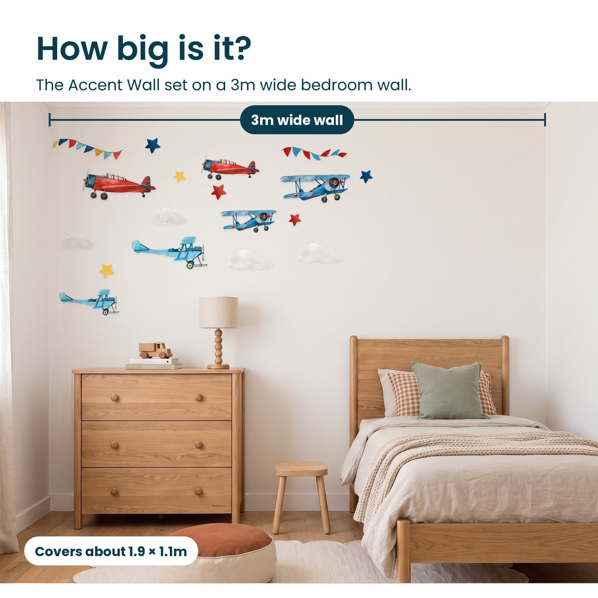 How big is the Airplane Accent Wall set on a 3m wide bedroom wall