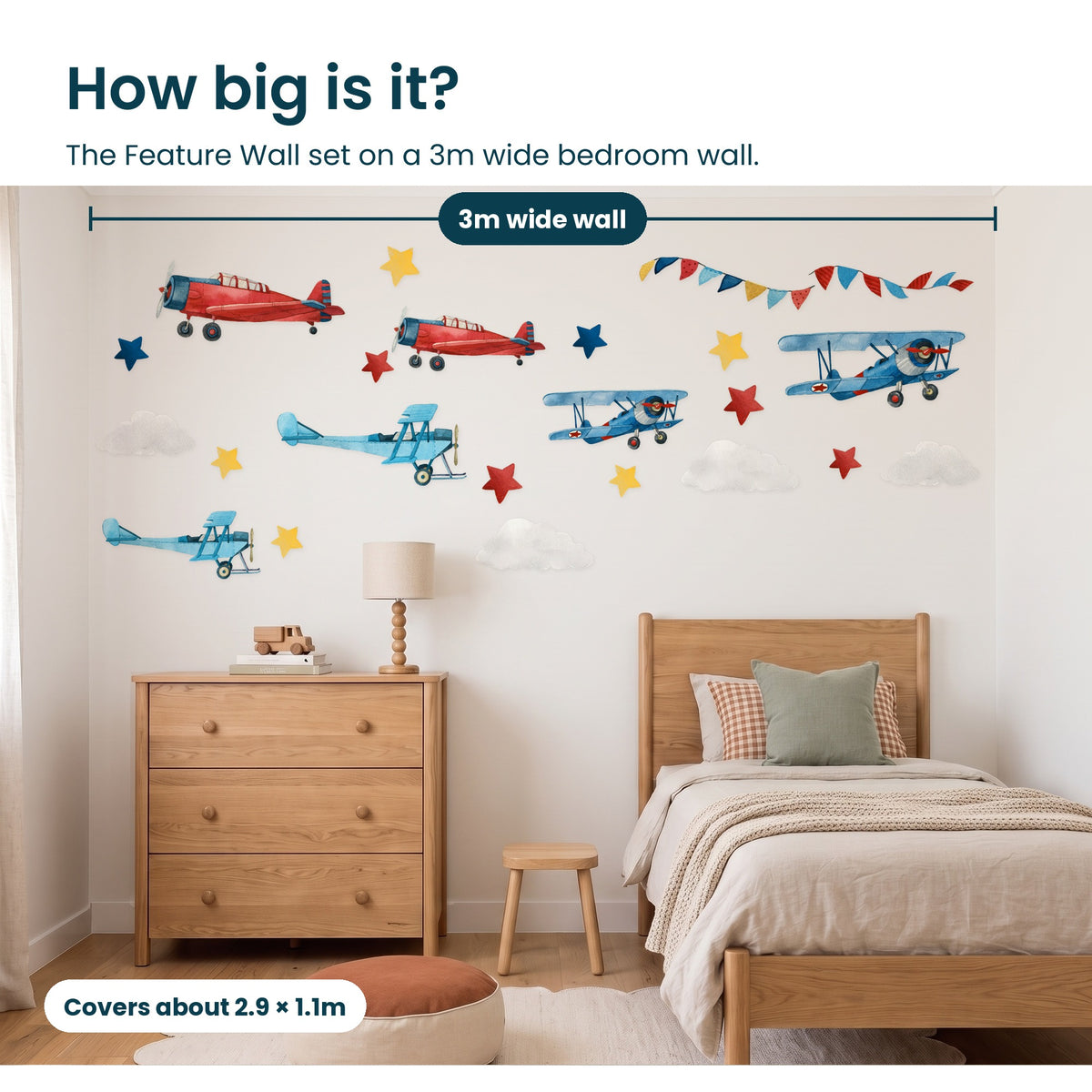 How big is the Airplane Feature Wall set on a 3m wide bedroom wall