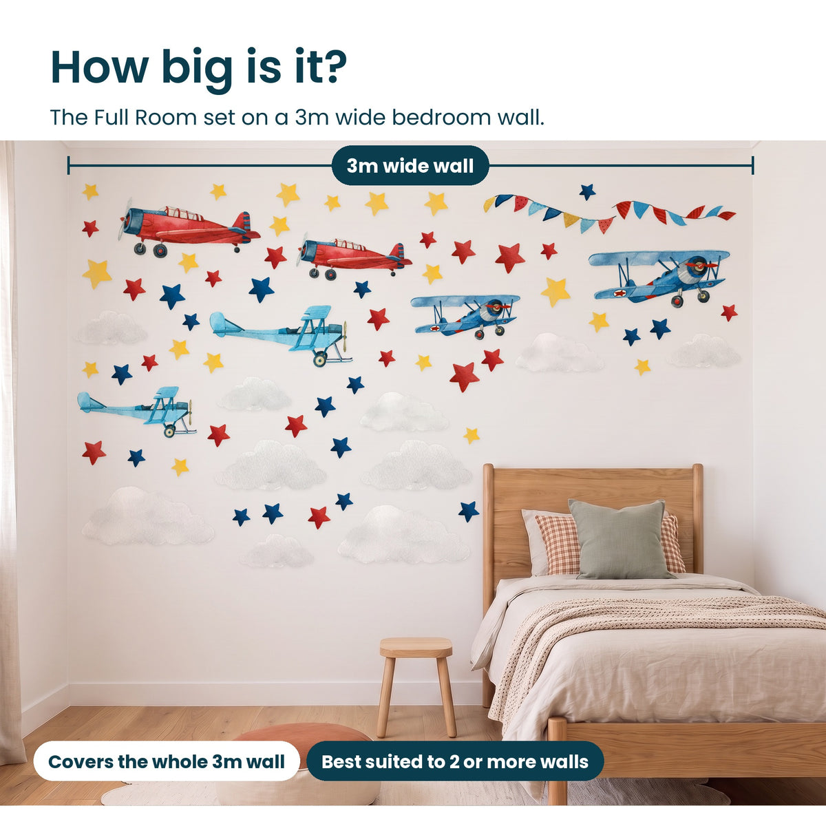 How big is the Airplane Full Room set on a 3m wide bedroom wall