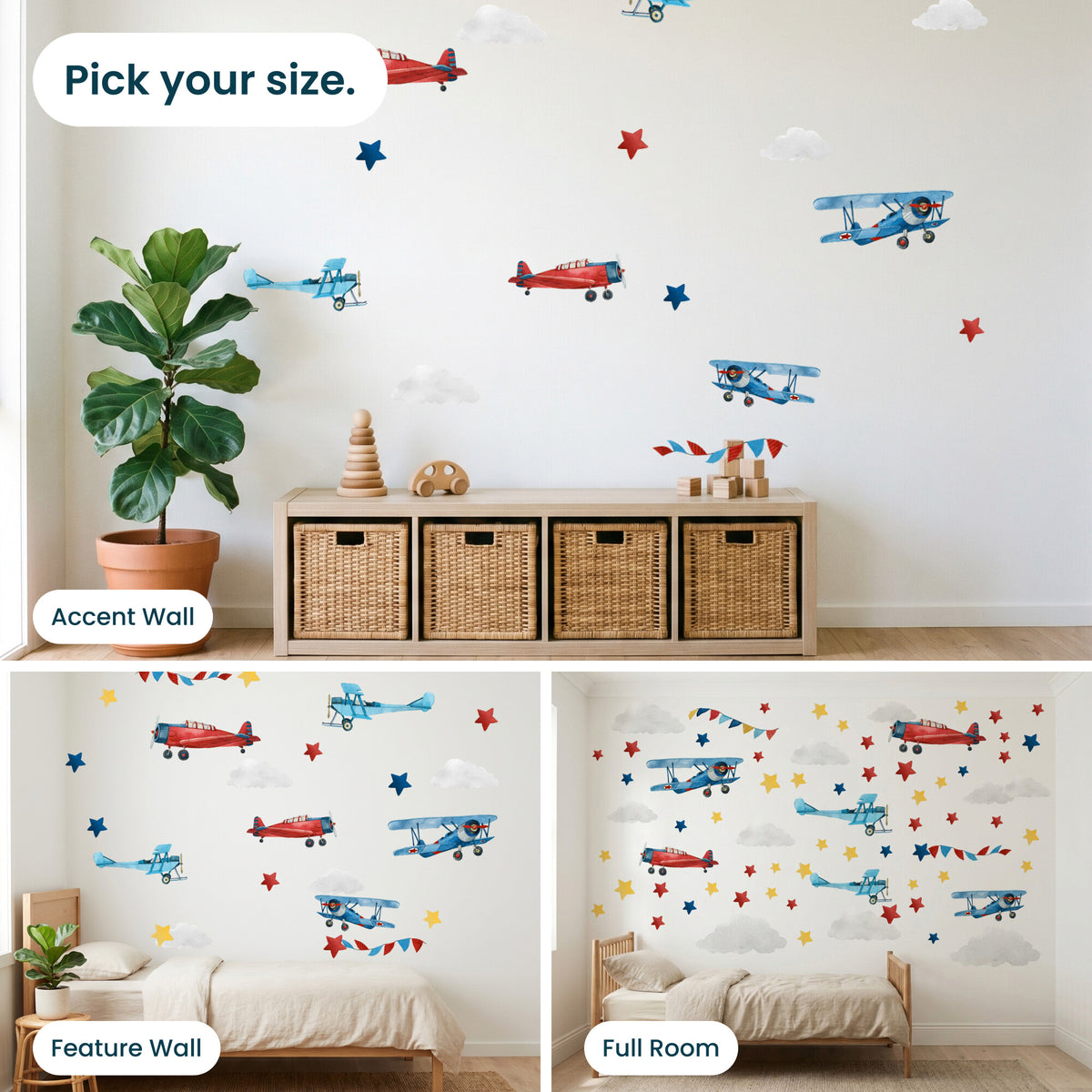 Pick your size: the Accent Wall, Feature Wall and Full Room airplane decal sets in kids' rooms
