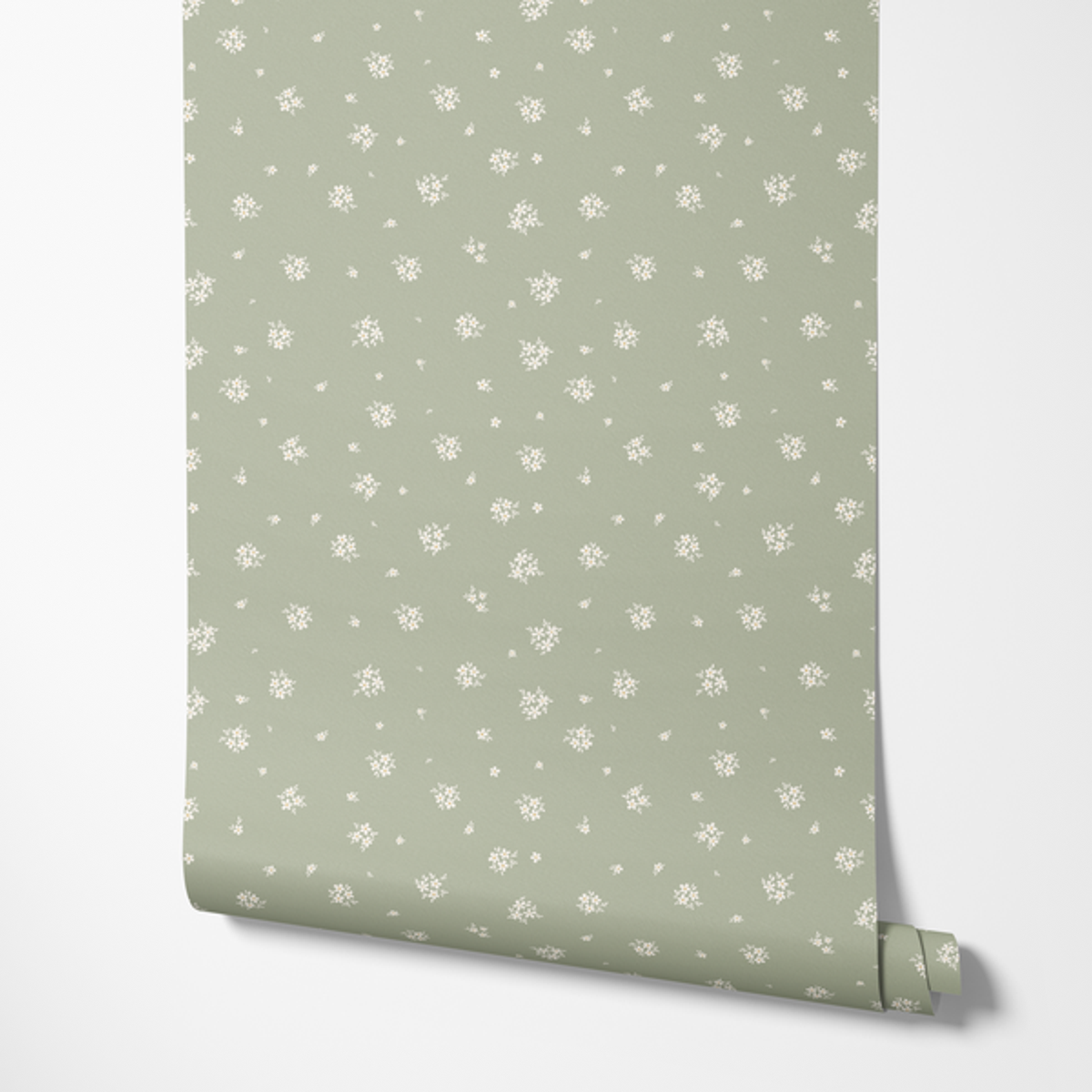 Alice Sage wallpaper panel unrolled, showing small white flowers on sage green