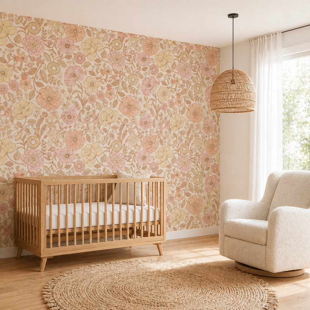 Nursery room with wooden crib, dresser, and armchair against a floral wallpaper wall.