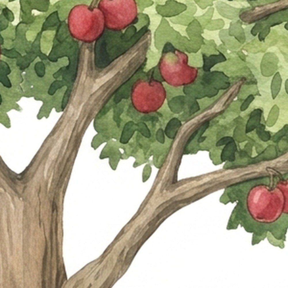 Close-up of the hand-painted watercolour apples and leaves