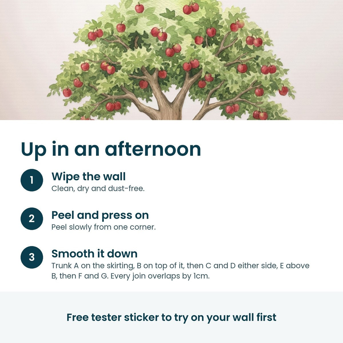 How to put up the apple tree decal: trunk first, then the lettered canopy pieces, each overlapping 1cm