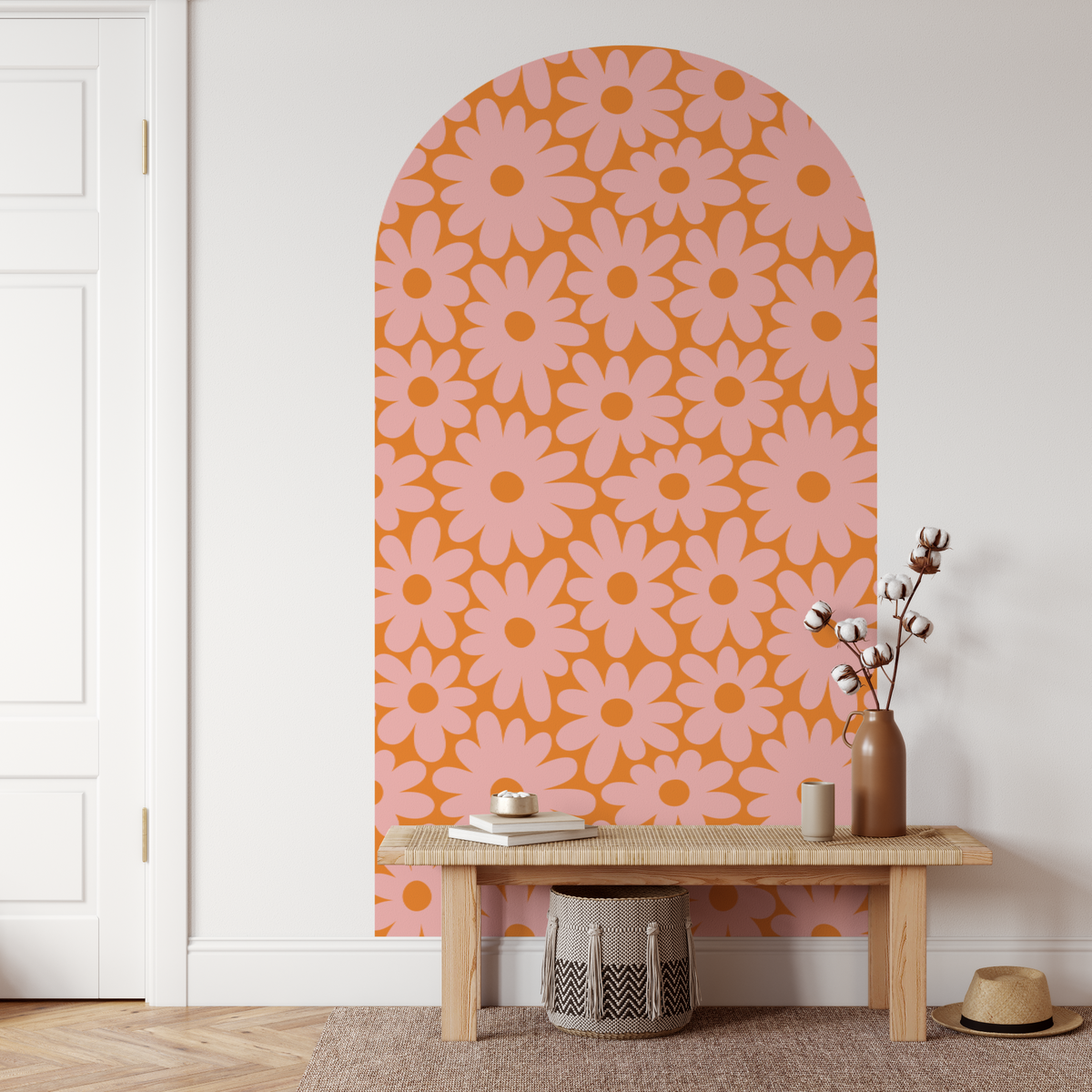 Sierra retro floral arch decal in orange and pink above a timber bench