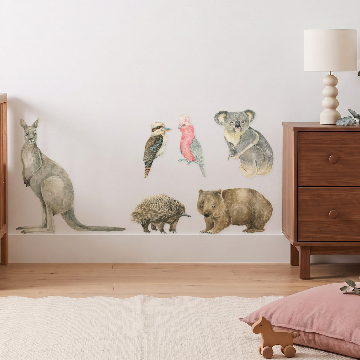 Australian animal wall decals kangaroo echidna wombat kookaburra galah koala in a styled nursery