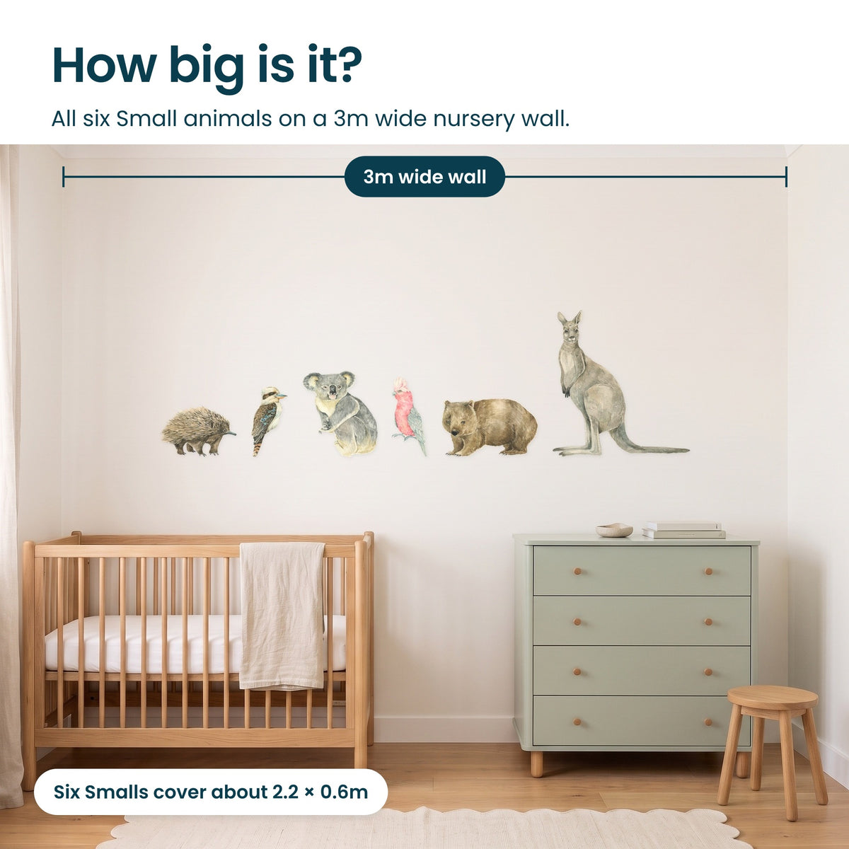 How big are all six Small Australian animals on a 3m wide nursery wall