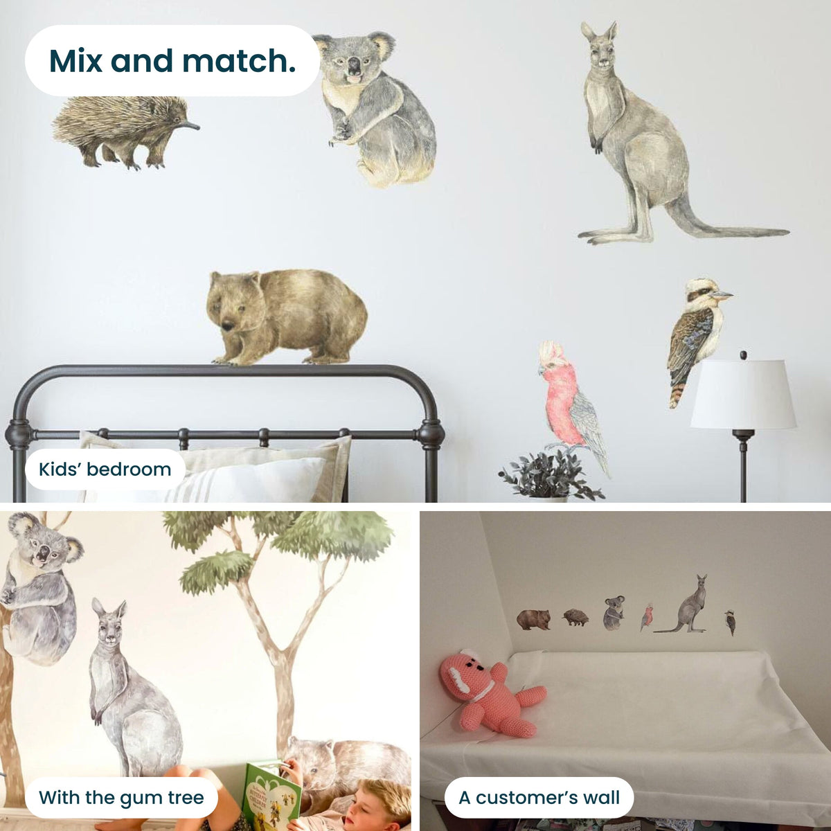 Mix and match: Australian animal decals in a kids bedroom, beside a gum tree decal, and on a customer's wall