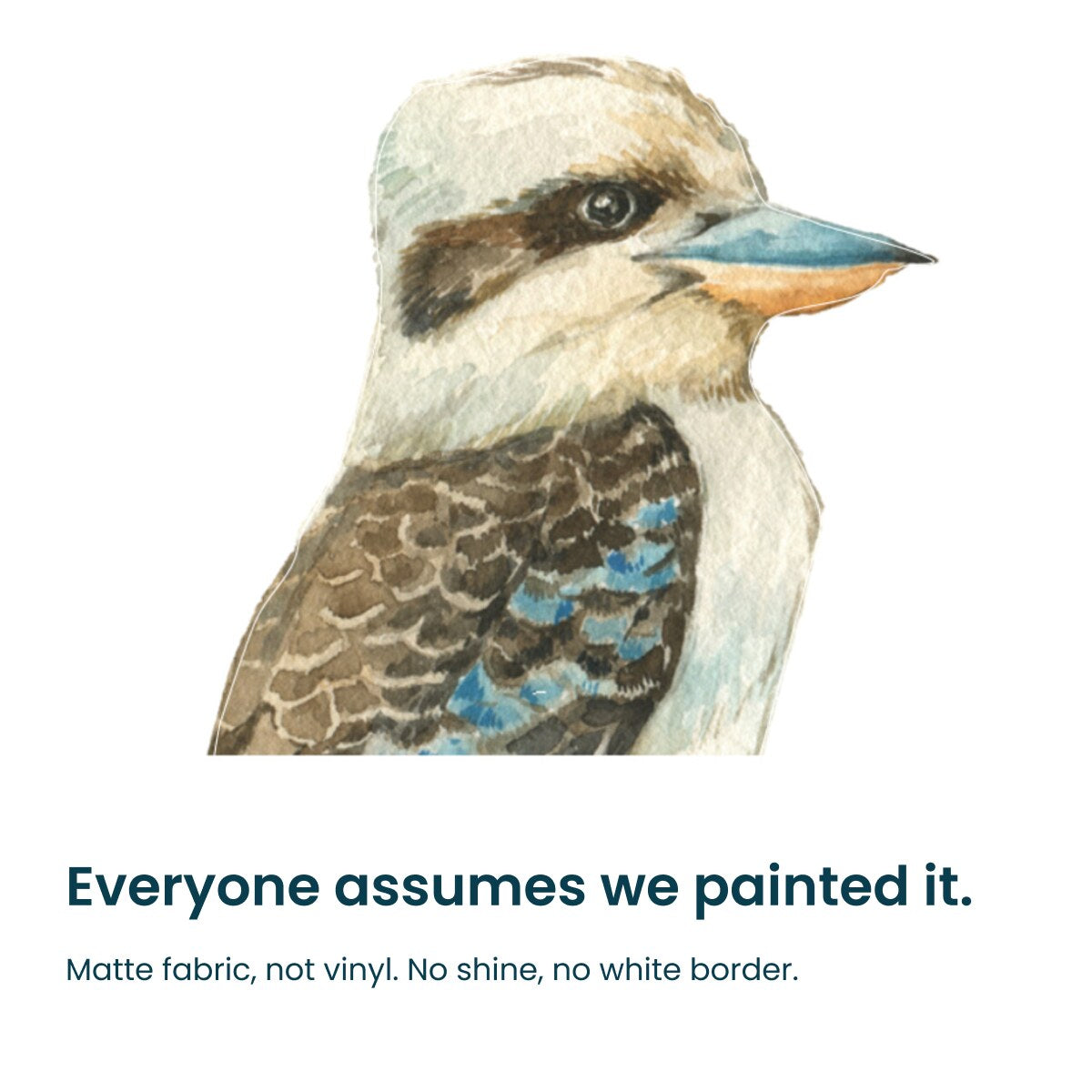 Close-up of the hand-painted watercolour kookaburra, printed on matte fabric