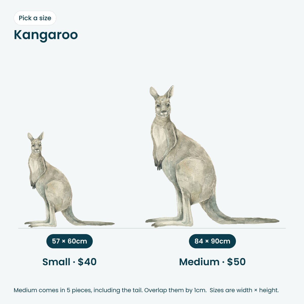 Kangaroo wall decal: Small 57 x 60cm $40, Medium 84 x 90cm $50. Medium comes in 5 pieces including the tail