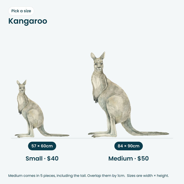 Kangaroo wall decal: Small 57 x 60cm $40, Medium 84 x 90cm $50. Medium comes in 5 pieces including the tail