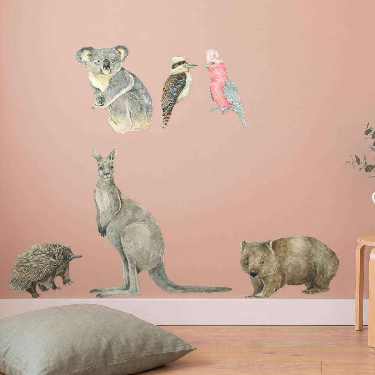 Australian animal wall decals kangaroo koala wombat echidna kookaburra galah in a styled nursery