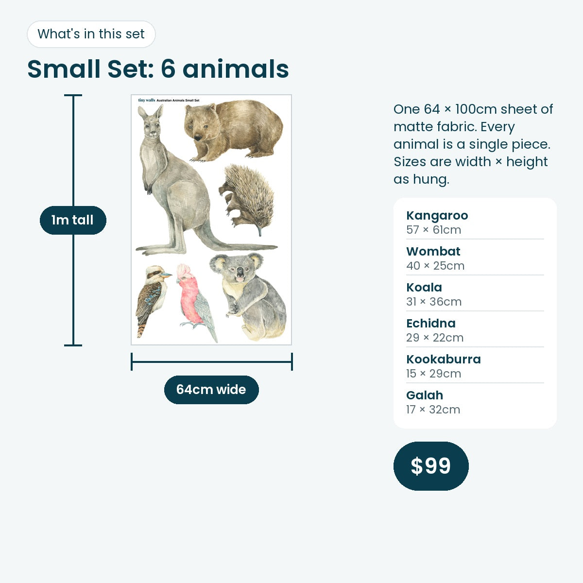 Australian animal Small Set print sheet and sizes