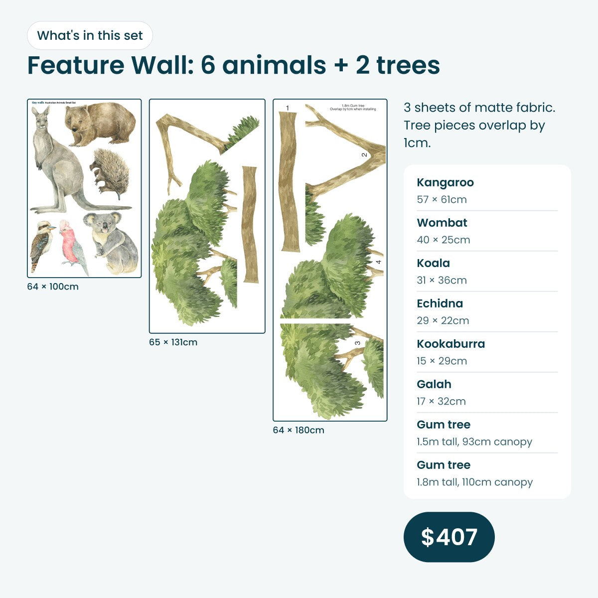 Feature Wall bundle: 6 Australian animals plus 1.5m and 1.8m gum trees, $407