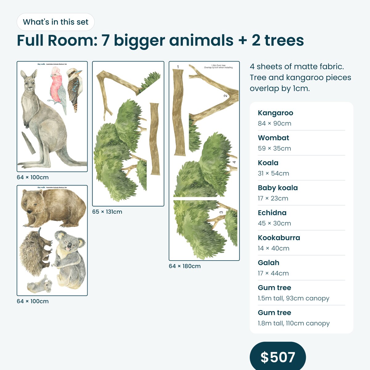 Full Room bundle: 7 larger Australian animals including a baby koala, plus 1.5m and 1.8m gum trees, $507