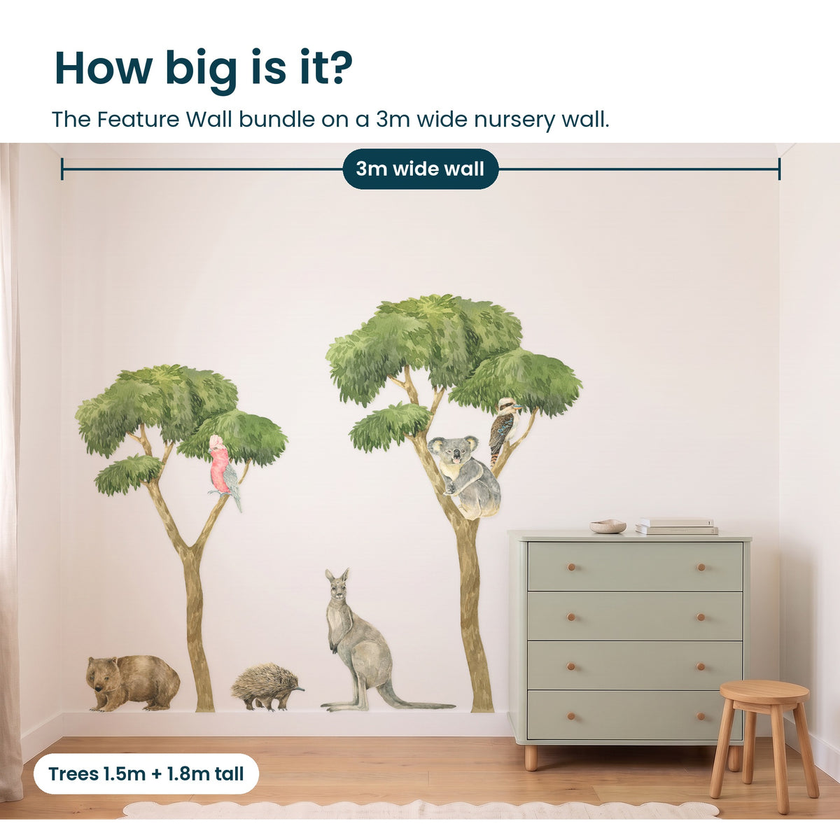 How big is the Australian Bush Feature Wall bundle on a 3m wide nursery wall