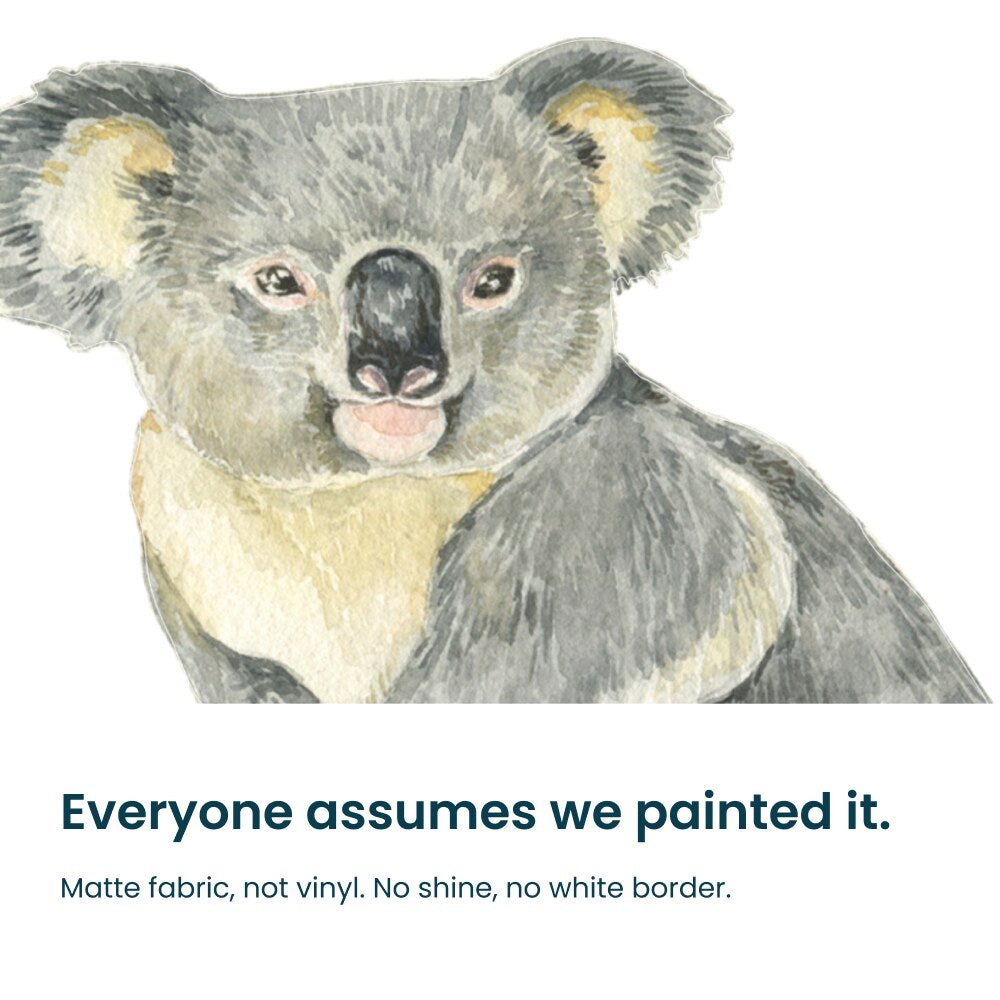 Close-up of the hand-painted watercolour koala, printed on matte fabric