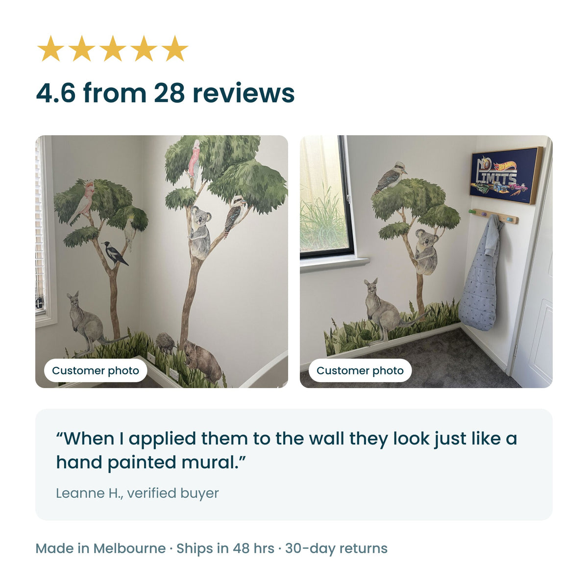 Rated 4.6 from 28 reviews, with customer photos of the gum tree decals