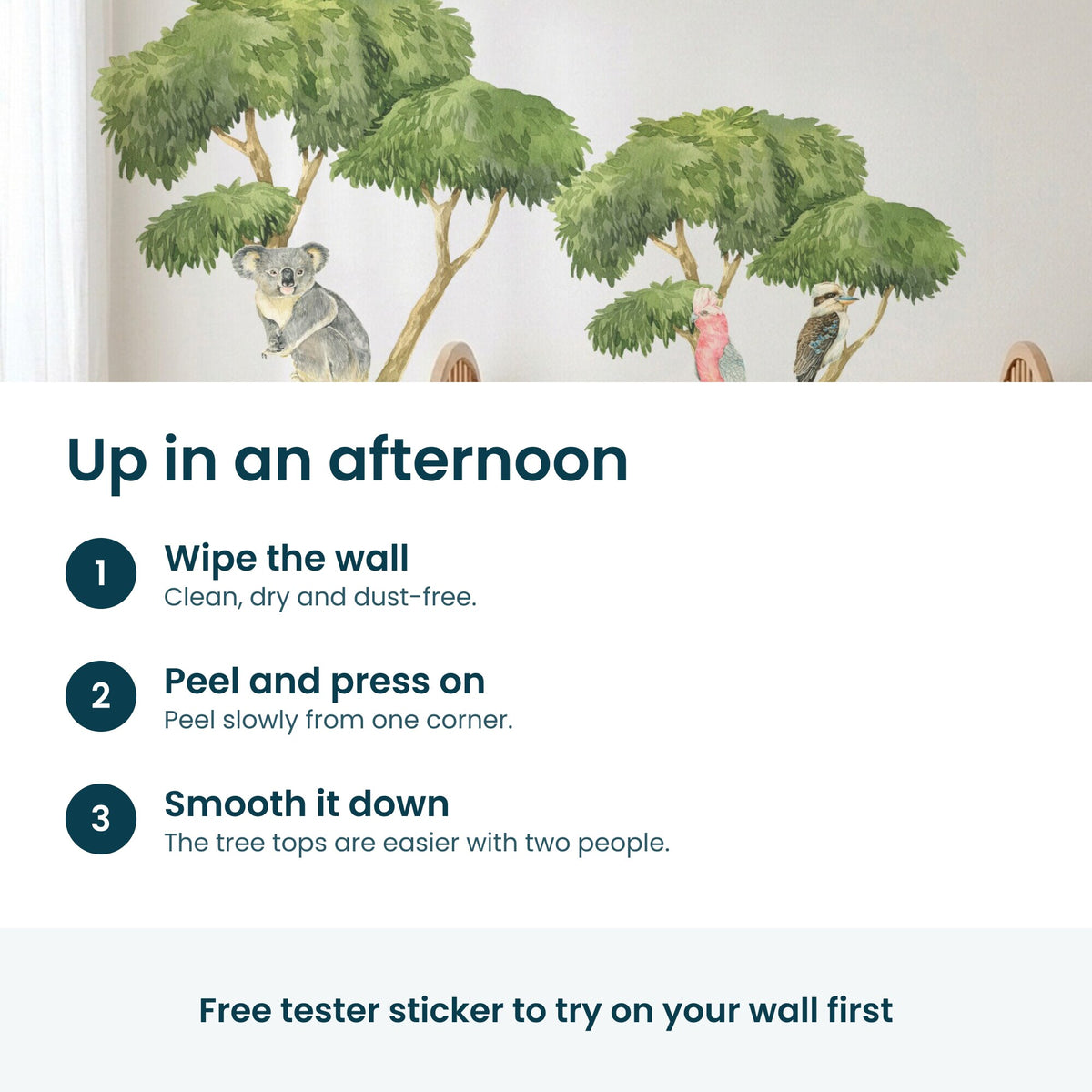 Up in an afternoon: wipe the wall, peel and press on, smooth it down. The tree tops are easier with two people