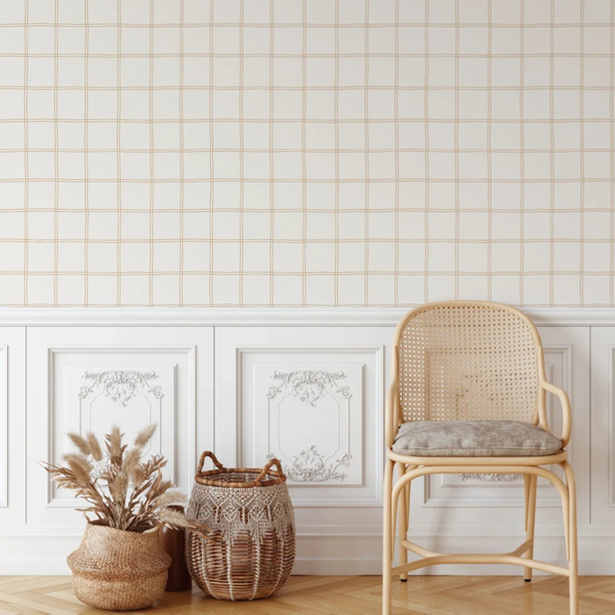 Austin Grid Beige wallpaper above wall panelling with a rattan chair
