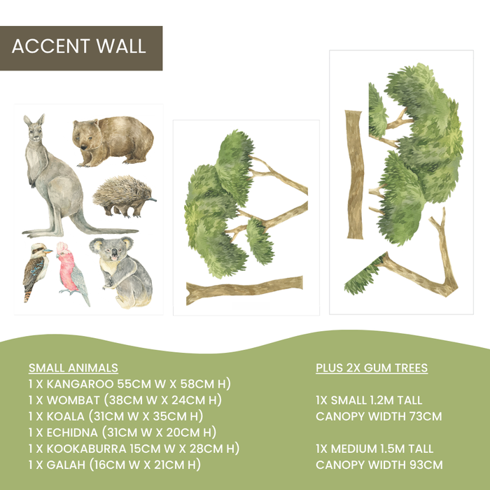 Accent Wall Australian animal wall decal set on a white background, featuring watercolor-style kangaroo, wombat, echidna, kookaburra, pink galah, koala and two gum trees, with a green footer listing small animal sizes. — Australian Bush Wall Decal Bundle