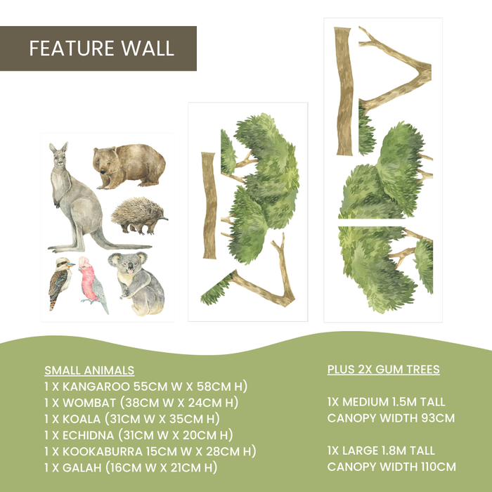 Feature Wall Australian animal wall decal set on a white background, featuring watercolor-style kangaroo, wombat, echidna, kookaburra, pink galah, koala and two gum trees, with a green footer listing small animal sizes. — Australian Bush Wall Decal Bundle