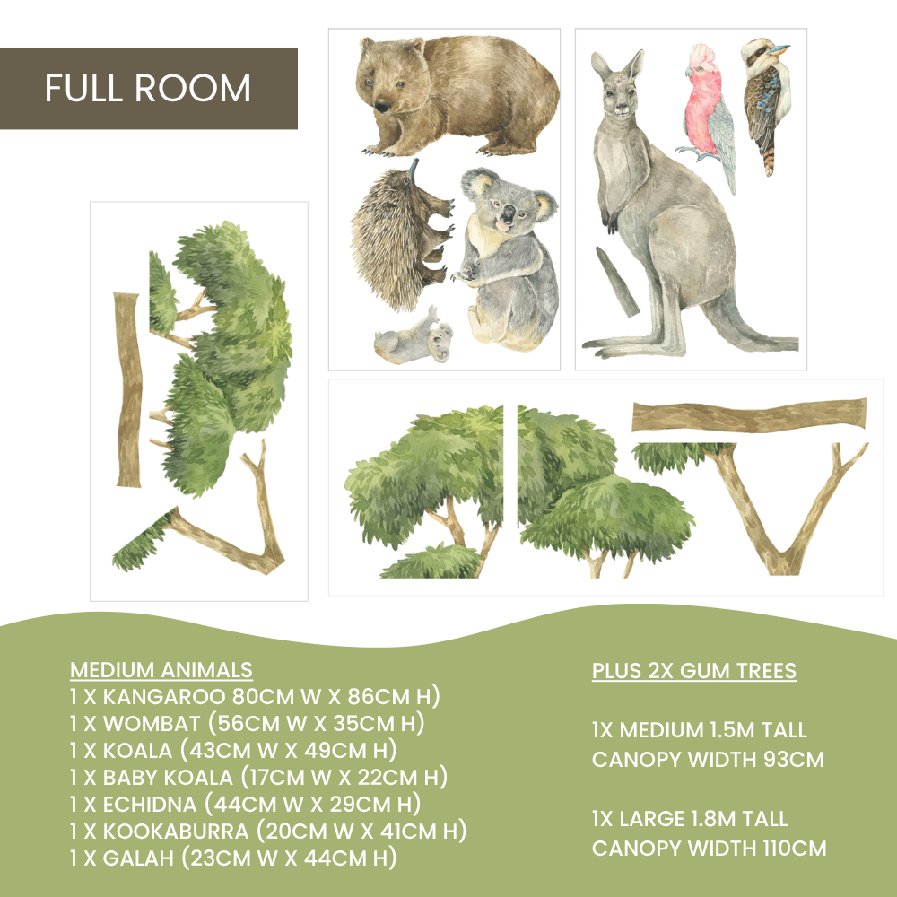 Full Room Australian animal wall decal set on a white background, featuring watercolor-style kangaroo, koala with baby koala, wombat, echidna, kookaburra, pink galah and two gum trees, with a green footer listing animal sizes.