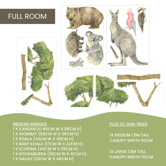 Full Room Australian animal wall decal set on a white background, featuring watercolor-style kangaroo, koala with baby koala, wombat, echidna, kookaburra, pink galah and two gum trees, with a green footer listing animal sizes. — Australian Bush Wall Decal Bundle