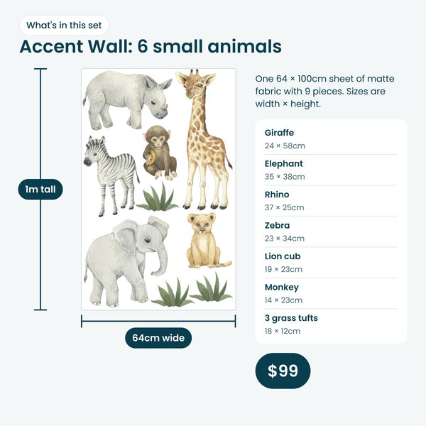 Accent Wall set: one 64 x 100cm sheet with 6 small safari animals and 3 grass tufts, $99