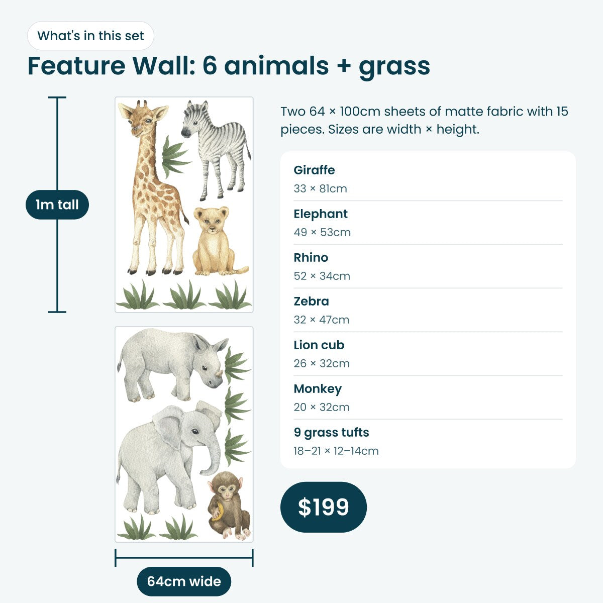 Feature Wall set: two 64 x 100cm sheets with 6 safari animals and 9 grass tufts, $199