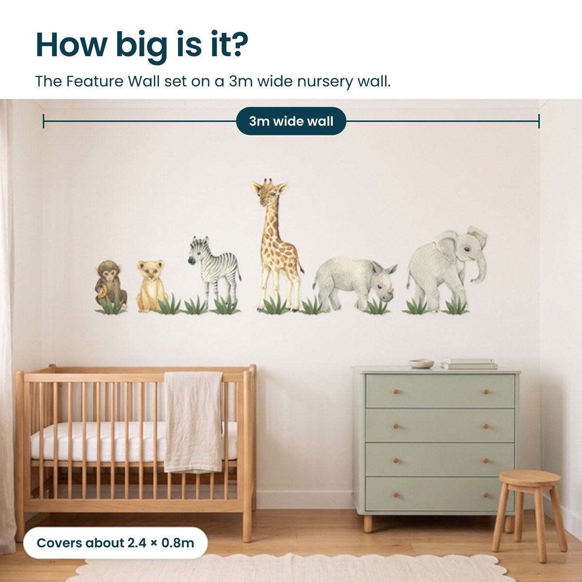 How big is the Baby Safari Feature Wall Pack on a 3m wide nursery wall