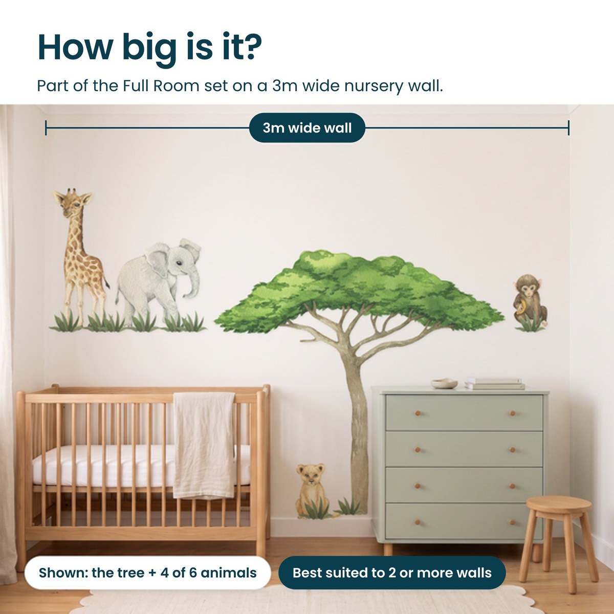 How big is the Baby Safari Full Room Pack on a 3m wide nursery wall