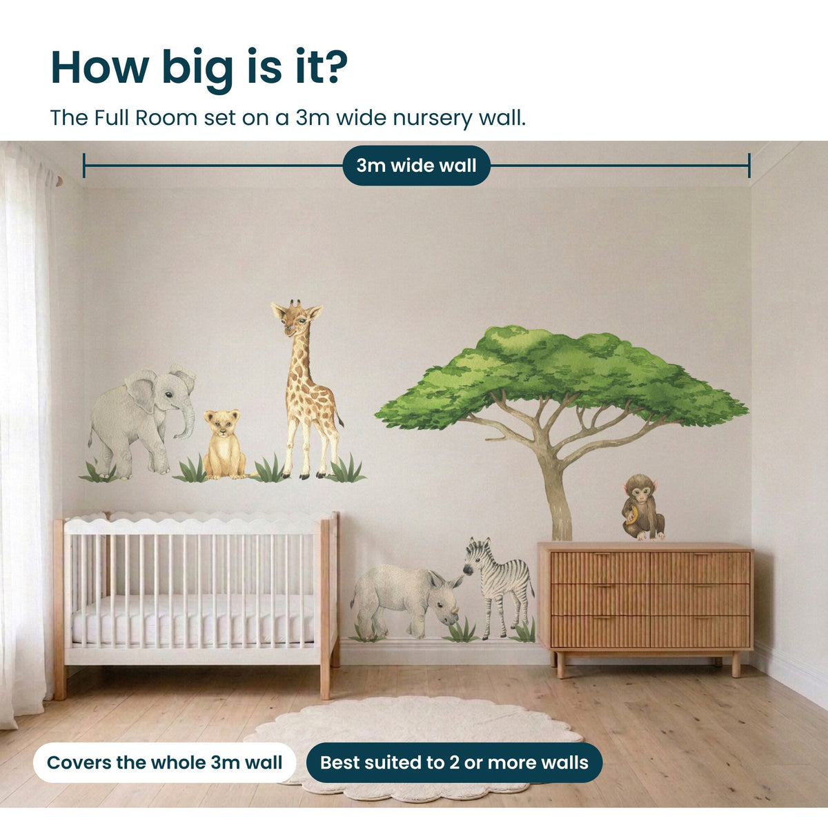 Full Room safari decals with the acacia tree covering a whole 3m wide nursery wall, best suited to 2 or more walls
