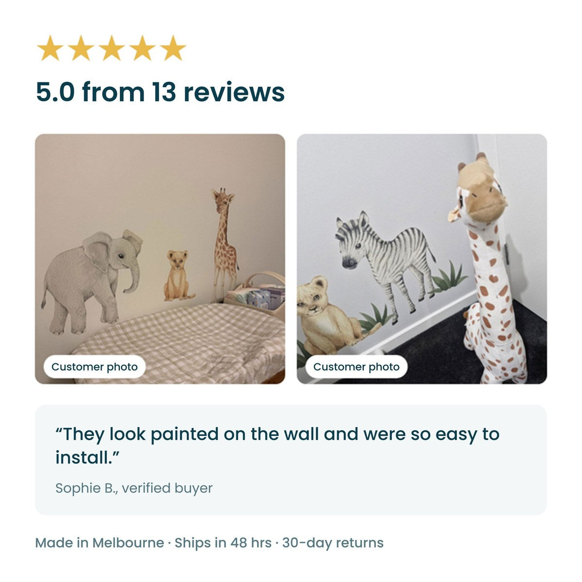 Rated 5.0 from 13 reviews, with customer photos of the safari decals in nurseries