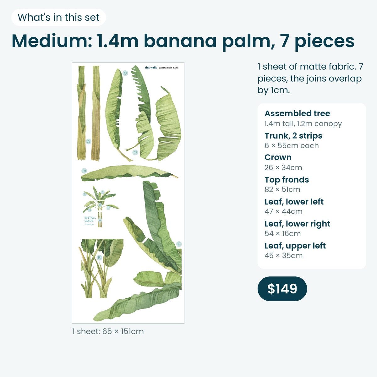 Medium banana palm print sheet and piece sizes
