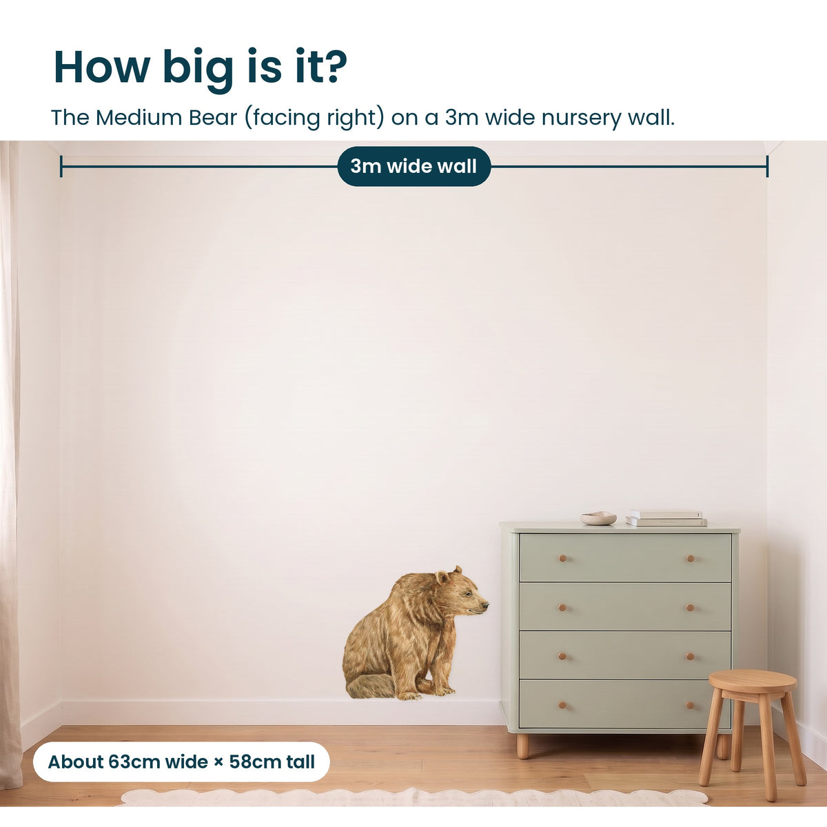 Medium bear facing right on a 3m nursery wall