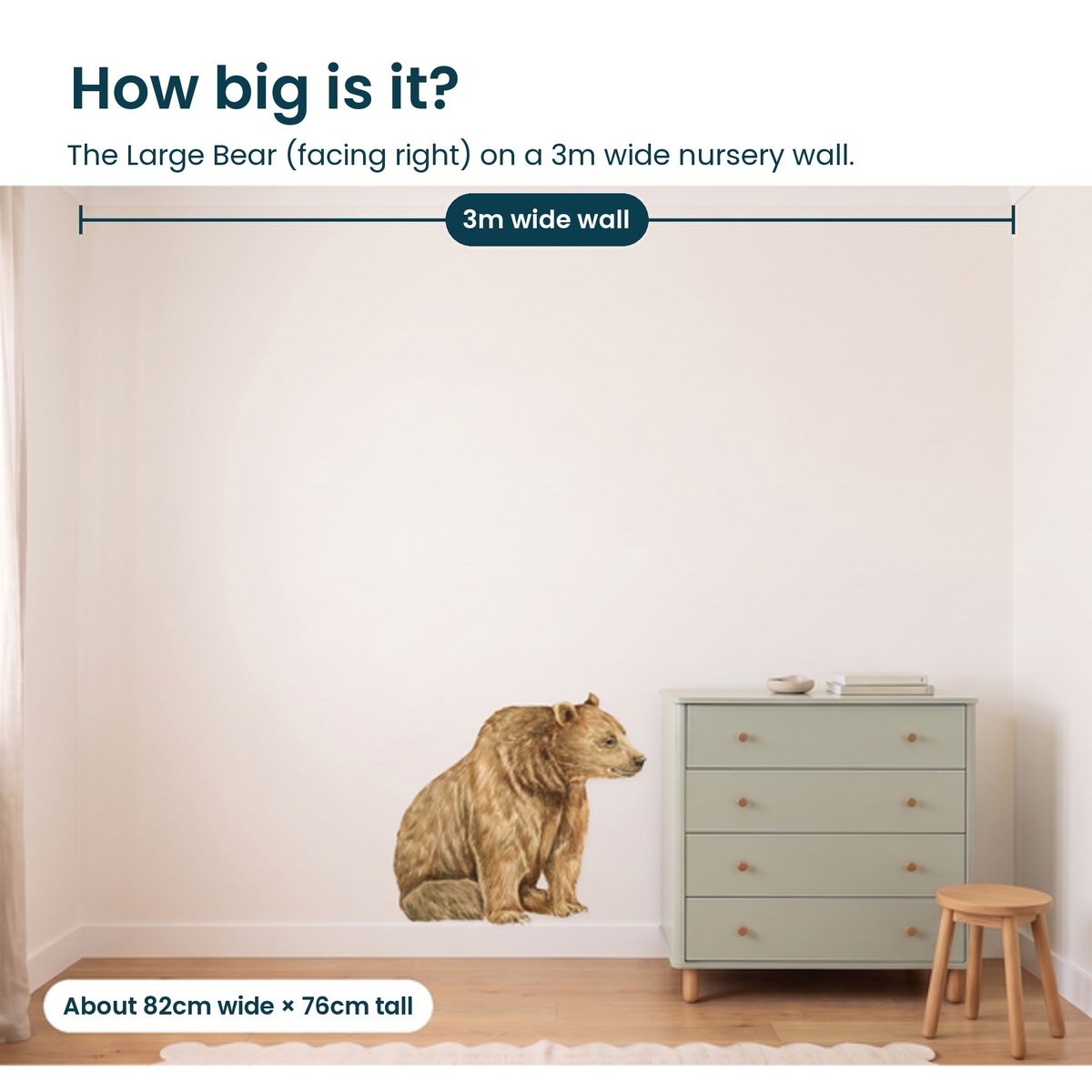 Large bear facing right on a 3m nursery wall